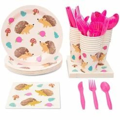 Blue Panda Special Occasions Hedgehog Party Pack, Includes Paper Plates, Napkins, Cups, And Cutlery (Serves 24, 144 Pieces)