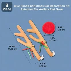 Blue Panda Christmas Car Decoration Kit With Reindeer Antlers And Red Nose (3 Pieces)