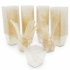 Blue Panda Gold Glitter Square Dessert Cups With Spoons For Birthdays, Wedding, Parties (2 Oz, 200 Pack) Special Occasions