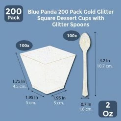 Blue Panda Gold Glitter Square Dessert Cups With Spoons For Birthdays, Wedding, Parties (2 Oz, 200 Pack) Special Occasions