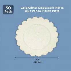 Blue Panda Plastic Plate 50 Pack - Gold Glitter Disposable Plates - 9 Inches
