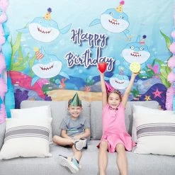 Blue Panda Shark Birthday Backdrop For Photo Booth, Party Decor, 7 X 5 Feet Decorations