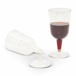 Blue Panda Gold Glitter Plastic Wine Glasses (7 Oz, 50 Pack) Cups