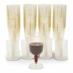 Blue Panda Gold Glitter Plastic Wine Glasses (7 Oz, 50 Pack) Cups