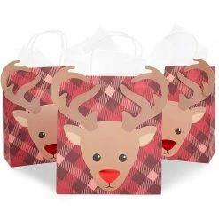 Blue Panda Reindeer Christmas Gift Bags With Tissue Paper, Holiday Wrapping (Red, 15 Pack)