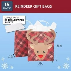 Blue Panda Reindeer Christmas Gift Bags With Tissue Paper, Holiday Wrapping (Red, 15 Pack)