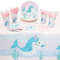 Blue Panda Special Occasions Narwhal Party Pack, Plates, Napkins, Cups, Cutlery, Tablecloth (Serves 24, 145 Pieces)