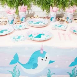 Blue Panda Special Occasions Narwhal Party Pack, Plates, Napkins, Cups, Cutlery, Tablecloth (Serves 24, 145 Pieces)