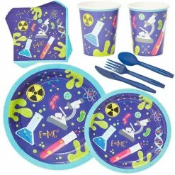 Blue Panda Science Lab Party Pack, Paper Plates, Plastic Cutlery, Cups, And Napkins (Serves 24, 168 Pieces) Dinnerware Sets