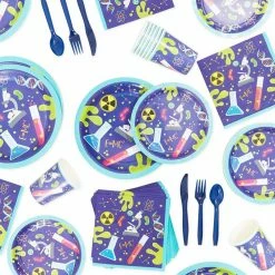 Blue Panda Science Lab Party Pack, Paper Plates, Plastic Cutlery, Cups, And Napkins (Serves 24, 168 Pieces) Dinnerware Sets