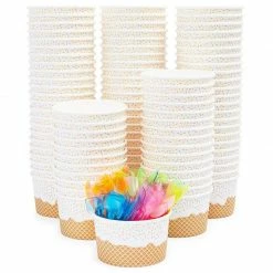 Blue Panda Ice Cream Party Dessert Bowls With Neon Plastic Spoons (8 Oz., 100 Pack) Cups