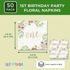 Blue Panda 1st Birthday Party Supplies, Floral Napkins (4.9 X 4.9 Inches, 50 Pack)