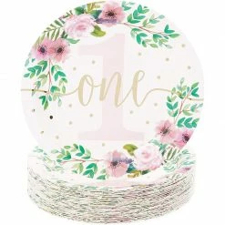 Blue Panda Baby Girls 1st Birthday Party Supplies, Floral Paper Plates (9 In., 48 Pack)