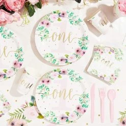 Blue Panda Baby Girls 1st Birthday Party Supplies, Floral Paper Plates (9 In., 48 Pack)