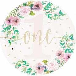 Blue Panda Baby Girls 1st Birthday Party Supplies, Floral Paper Plates (9 In., 48 Pack)