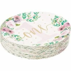 Blue Panda Baby Girls 1st Birthday Party Supplies, Floral Paper Plates (9 In., 48 Pack)