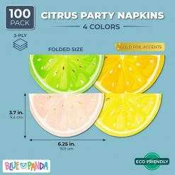 Blue Panda Citrus Fruit Birthday Party Decorations, Napkins With Gold Foil Details For Spring And Summer (6.25 In,100 Pack)