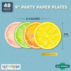 Blue Panda Tutti Fruity, Citrus Fruit Party Plates With Gold Foil Details For Summer Celebrations (9 In, 48 Pack)