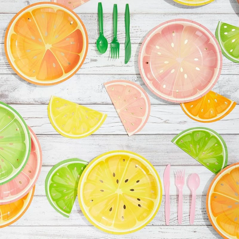 Blue Panda Tutti Fruity, Citrus Fruit Party Plates With Gold Foil Details For Summer Celebrations (9 In, 48 Pack) 5 Blue Panda Tutti Fruity, Citrus Fruit Party Plates With Gold Foil Details For Summer Celebrations (9 In, 48 Pack)