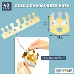 Blue Panda Gold Foil Paper Party Crown Hats (3.3 X 3 Inches, 48-Pack) Decorations
