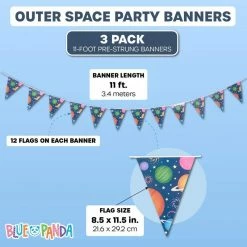 Blue Panda Outer Space Universe Theme Double-Sided Triangle Party Banners For Kids (11 Ft, 3 Pack)