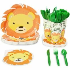 Blue Panda Dinnerware Sets Lion Safari Party Pack, Includes Paper Plates, Plastic Cutlery, Cups, And Napkins (144 Pieces, Serves 24)