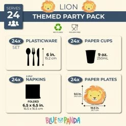 Blue Panda Dinnerware Sets Lion Safari Party Pack, Includes Paper Plates, Plastic Cutlery, Cups, And Napkins (144 Pieces, Serves 24)