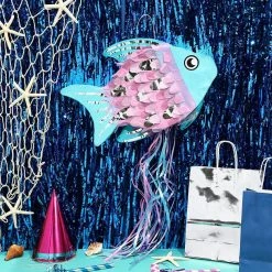 Blue Panda Fish Pinata, Blue, Pink, And Silver Foil, Ocean Party Decorations (17 X 10.5 Inches)