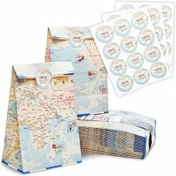 Blue Panda World Map Travel Party Favor Bags With Stickers (8.7 X 5.15 In, 36 Pack)