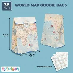 Blue Panda World Map Travel Party Favor Bags With Stickers (8.7 X 5.15 In, 36 Pack)