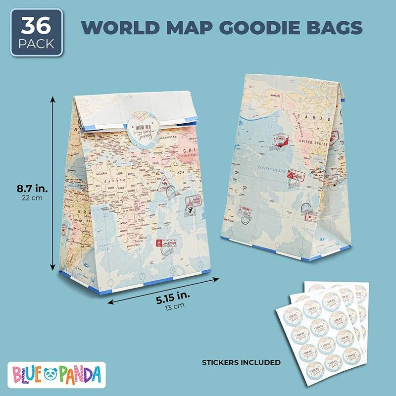 Blue Panda World Map Travel Party Favor Bags With Stickers (8.7 X 5.15 In, 36 Pack) 4 Blue Panda World Map Travel Party Favor Bags With Stickers (8.7 X 5.15 In, 36 Pack)
