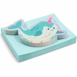 Blue Panda Animals And Safari Narwhals Birthday Party Invitations With Aqua Envelopes, Ocean Party Decorations (5 X 7 In, 36 Pack)