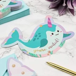 Blue Panda Animals And Safari Narwhals Birthday Party Invitations With Aqua Envelopes, Ocean Party Decorations (5 X 7 In, 36 Pack)