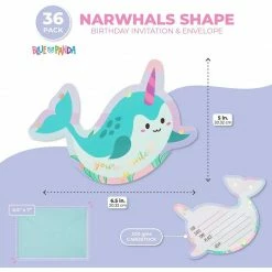 Blue Panda Animals And Safari Narwhals Birthday Party Invitations With Aqua Envelopes, Ocean Party Decorations (5 X 7 In, 36 Pack)