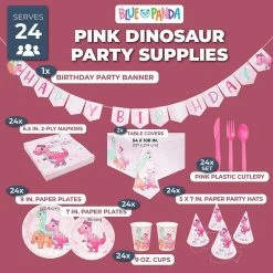 Blue Panda Pink Baby Dinosaur Birthday Party Supplies For Girl, Serves 24 (194 Pieces) Dinnerware Sets