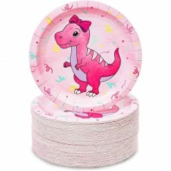 Blue Panda Girl's Birthday Pink Dinosaur Party Supplies, Paper Plates (7 Inches, 80 Pack)