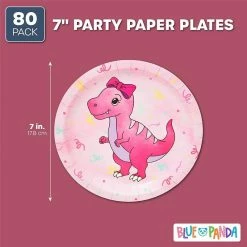 Blue Panda Girl's Birthday Pink Dinosaur Party Supplies, Paper Plates (7 Inches, 80 Pack)