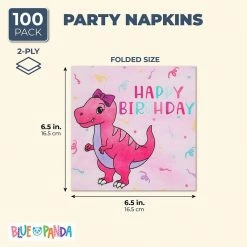 Blue Panda Pink Dinosaur Party Supplies, Paper Napkins (6.5 X 6.5 Inches, 100 Pack)