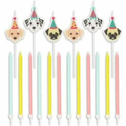 Blue Panda Puppy Dog Cake Toppers With Thin Candles In Holders (18 Pieces)