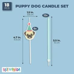 Blue Panda Puppy Dog Cake Toppers With Thin Candles In Holders (18 Pieces)