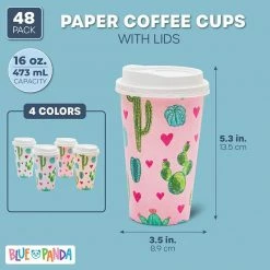 Blue Panda Insulated Coffee Cups With Lids, Cactus Design (16 Oz, 48-Pack)