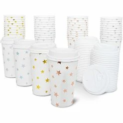 Blue Panda Insulated Paper Coffee Cups With Lids And Foil Stars (16-oz, 48-Pack)