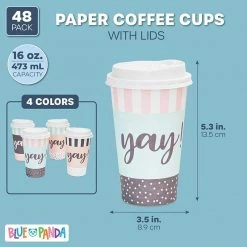 Blue Panda Yay Printed Insulated Coffee Cups With Lids (16-oz, 48-Pack)