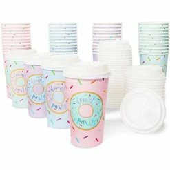 Blue Panda Donut Party Insulated Coffee Cups With Lids (16 Oz, 4 Pastel Designs, 48 Pack)