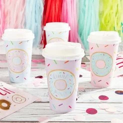 Blue Panda Donut Party Insulated Coffee Cups With Lids (16 Oz, 4 Pastel Designs, 48 Pack)