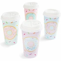 Blue Panda Donut Party Insulated Coffee Cups With Lids (16 Oz, 4 Pastel Designs, 48 Pack)