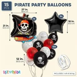 Blue Panda Pirate Birthday Party Balloon Kit With String (Black, White, Red, 15 Balloons)