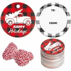 Blue Panda Round Buffalo Plaid Gift Tags And Twine (2.5 In, 150 Pack)