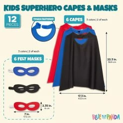 Blue Panda Action Hero Dress Up Capes And Masks Costume Set For Kids (3 Colors, 12 Pieces) Superhero
