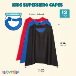 Blue Panda Superhero Dress Up Capes For Kids Costumes (Black, Red, Blue, 12 Pack)